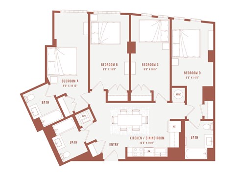 Floor plan for 4 beds, 3 baths, 397 sqft